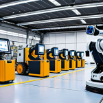 **Prompt:** A futuristic factory floor in Germany. Industrial robots and collaborative robots (cobots) are working side-by-side with human workers. Emphasis on safety measures and advanced technology. ISO 10218 safety signs are visible. The scene should convey efficiency and innovation.
