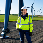 A professional female engineer in a modest, protective work suit, standing beside a modern industrial wind turbine. An advanced inspection drone, equipped with a multi-jointed robotic arm holding a scanning sensor, hovers precisely near a turbine blade. Below, a compact, tracked ground robot with a telescopic camera is positioned for a closer ground-level inspection. A large, modern wind farm with clear skies. The scene showcases seamless technological collaboration. perfect anatomy, correct proportions, natural pose, well-formed hands, proper finger count, natural body proportions, professional photography, high quality, intricate details, safe for work, appropriate content, fully clothed, professional, modest, family-friendly.