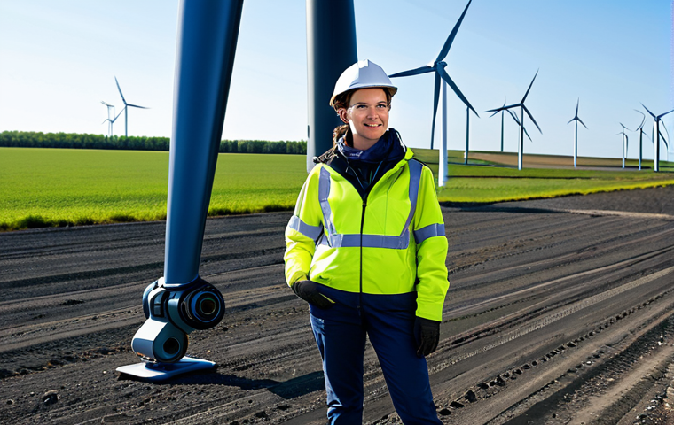 A professional female engineer in a modest, protective work suit, standing beside a modern industrial wind turbine. An advanced inspection drone, equipped with a multi-jointed robotic arm holding a scanning sensor, hovers precisely near a turbine blade. Below, a compact, tracked ground robot with a telescopic camera is positioned for a closer ground-level inspection. A large, modern wind farm with clear skies. The scene showcases seamless technological collaboration. perfect anatomy, correct proportions, natural pose, well-formed hands, proper finger count, natural body proportions, professional photography, high quality, intricate details, safe for work, appropriate content, fully clothed, professional, modest, family-friendly.