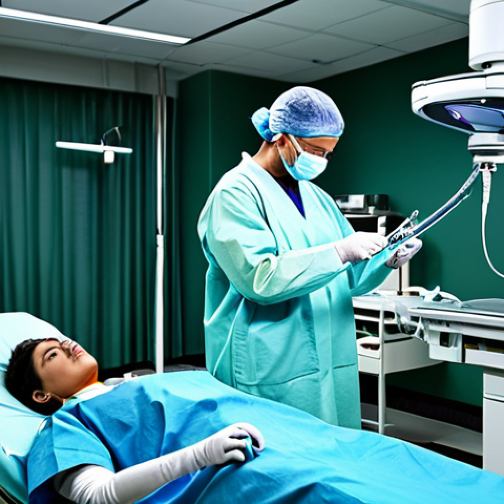 **

"A modern hospital operating room with a robotic surgical arm assisting a surgeon in a delicate procedure, fully clothed medical personnel, sterile environment, advanced technology, perfect anatomy, correct proportions, professional lighting, safe for work, appropriate content, fully clothed, professional."

**