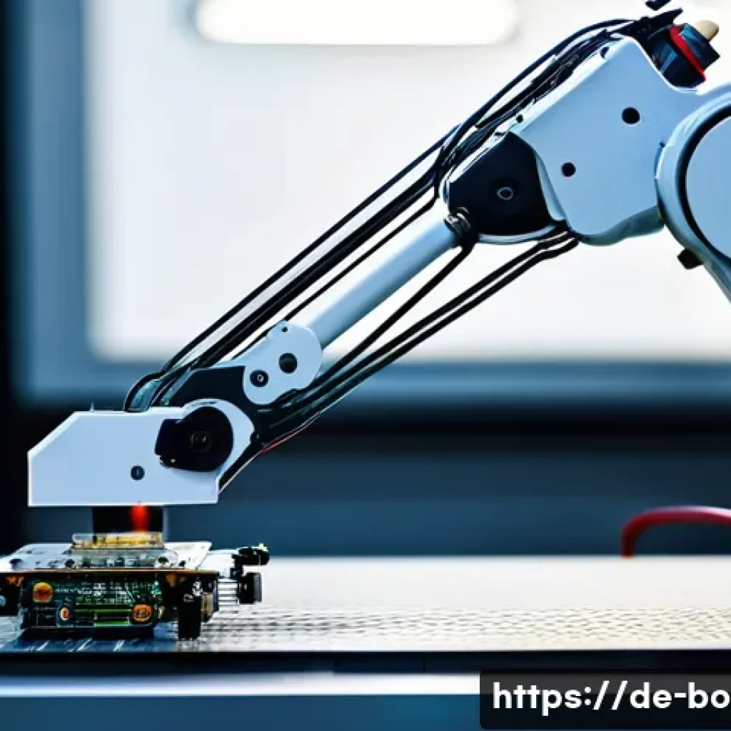 로봇기술사와 센서 기술 활용 - **Prompt:** A highly advanced industrial robot arm with a sleek, metallic finish precisely assemblin...