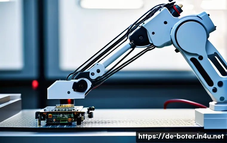 로봇기술사와 센서 기술 활용 - **Prompt:** A highly advanced industrial robot arm with a sleek, metallic finish precisely assemblin...