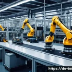 Home 22 로봇기술사와 로봇 제어 알고리즘 - A highly detailed scene inside a modern industrial factory with collaborative robots (cobots) workin...