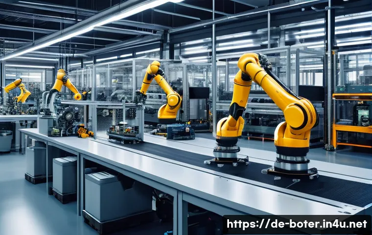 로봇기술사와 로봇 제어 알고리즘 - A highly detailed scene inside a modern industrial factory with collaborative robots (cobots) workin...