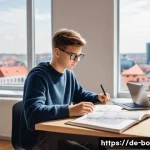Home 21 로봇기술사 자격증 추천 교재 - A modern study scene featuring a young adult German student sitting at a wooden desk in a bright, mi...
