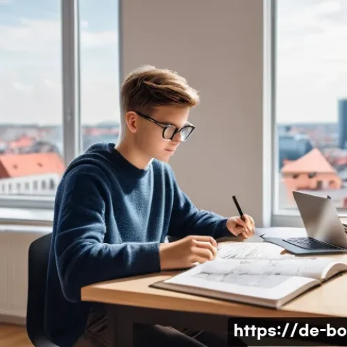 Home 33 로봇기술사 자격증 추천 교재 - A modern study scene featuring a young adult German student sitting at a wooden desk in a bright, mi...