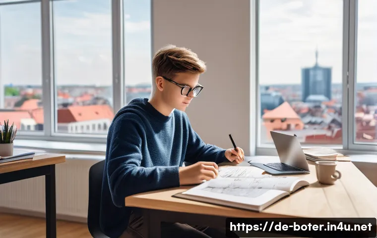 로봇기술사 자격증 추천 교재 - A modern study scene featuring a young adult German student sitting at a wooden desk in a bright, mi...