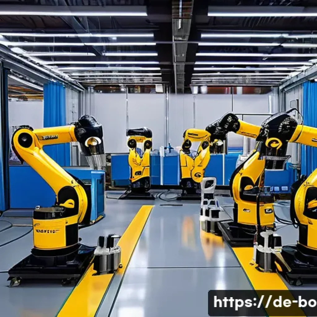 로봇기술사와 인공지능 기술 접목 - A modern industrial factory floor featuring advanced intelligent robots equipped with multiple senso...