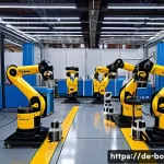 Home 20 로봇기술사와 인공지능 기술 접목 - A modern industrial factory floor featuring advanced intelligent robots equipped with multiple senso...
