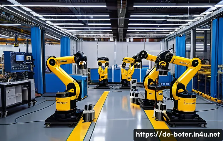 로봇기술사와 인공지능 기술 접목 - A modern industrial factory floor featuring advanced intelligent robots equipped with multiple senso...