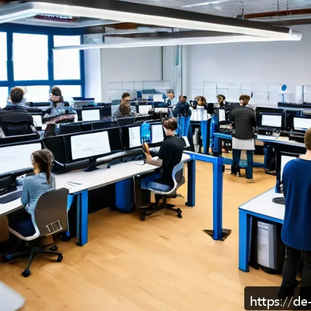 로봇기술사와 대학원 진학 전략 - A dynamic, modern university robotics lab scene in Germany, showing diverse graduate students active...