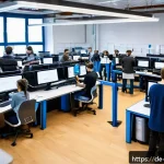 Home 23 로봇기술사와 대학원 진학 전략 - A dynamic, modern university robotics lab scene in Germany, showing diverse graduate students active...