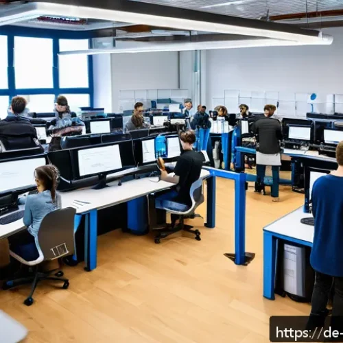 Home 17 로봇기술사와 대학원 진학 전략 - A dynamic, modern university robotics lab scene in Germany, showing diverse graduate students active...