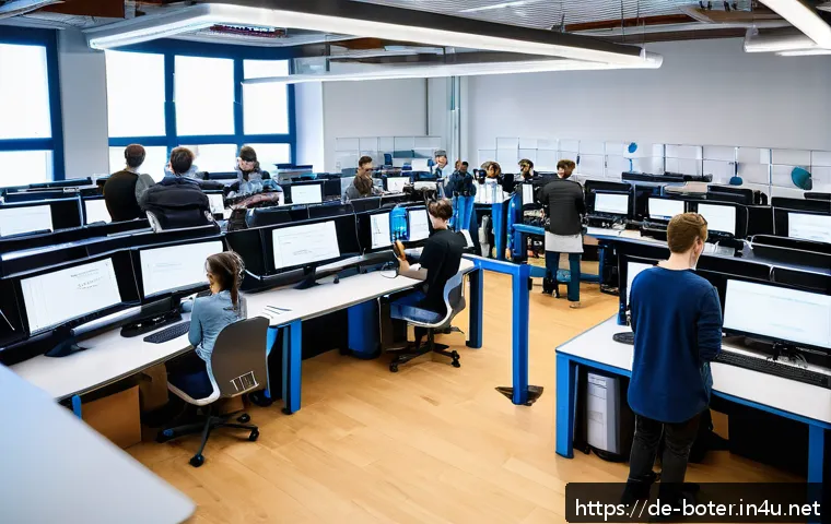 로봇기술사와 대학원 진학 전략 - A dynamic, modern university robotics lab scene in Germany, showing diverse graduate students active...