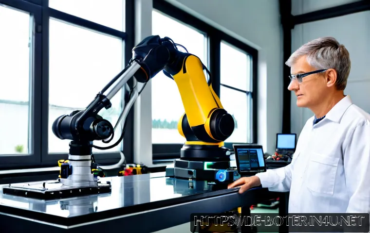 로봇기술사와 로봇 제어 기술의 미래 - Photorealistic advanced robotics laboratory in Germany, a middle-aged robotics engineer in clean saf...