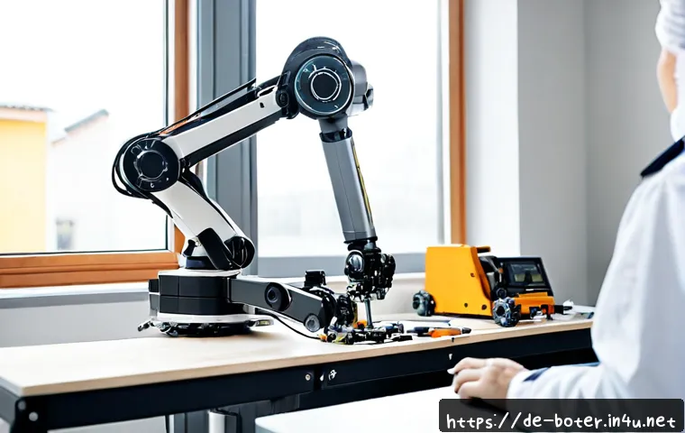 Home 15 로봇기술사와 로봇 기구학 설계 - Photorealistic robotics engineer in a clean German industrial design studio, carefully adjusting a c...