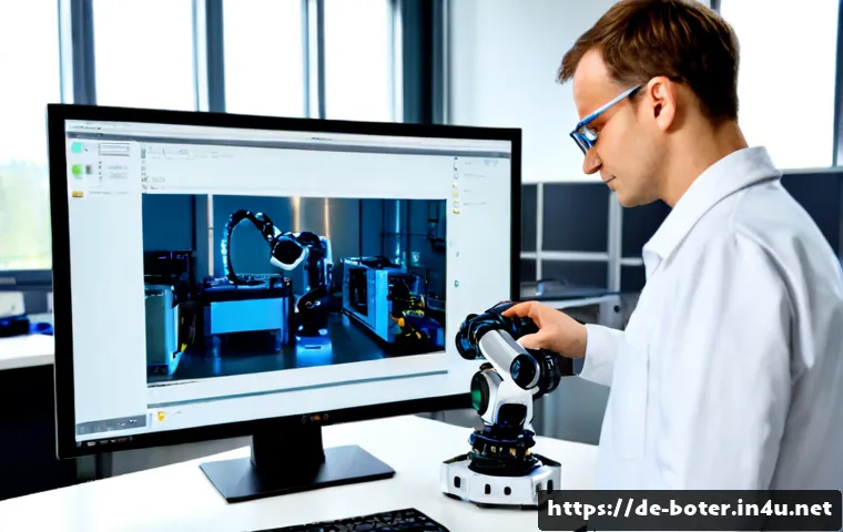로봇기술사와 로봇 AI 기술 활용 - Photorealistic German robotics engineer in a clean advanced manufacturing laboratory, carefully insp...