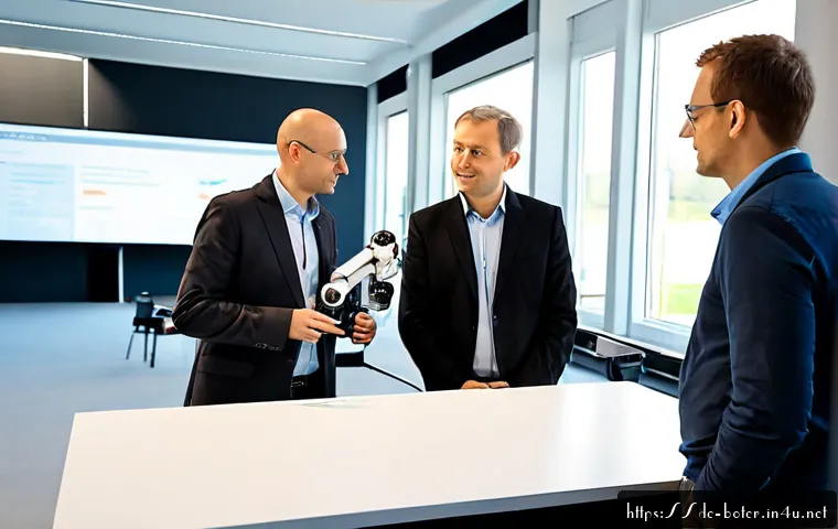 로봇기술사 자격증 관련 학회 정보 - Photorealistic modern German robotics engineering conference in a bright convention hall, diverse ad...
