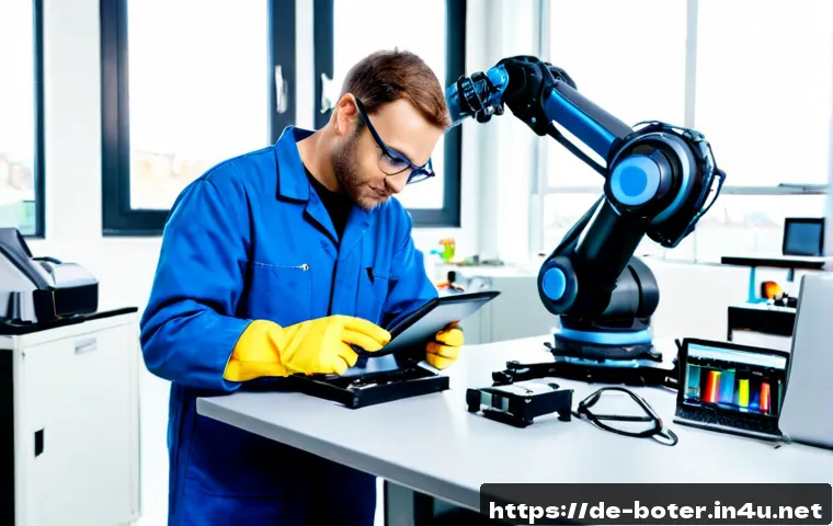 로봇기술사와 로봇 유지보수 기술 - Photorealistic robotics maintenance technician in a clean German advanced manufacturing workshop, we...
