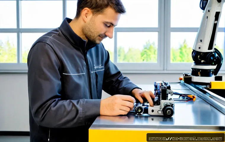 로봇기술사와 다관절 로봇 설계 - Photorealistic industrial robotics engineer in a clean German advanced manufacturing workshop, caref...